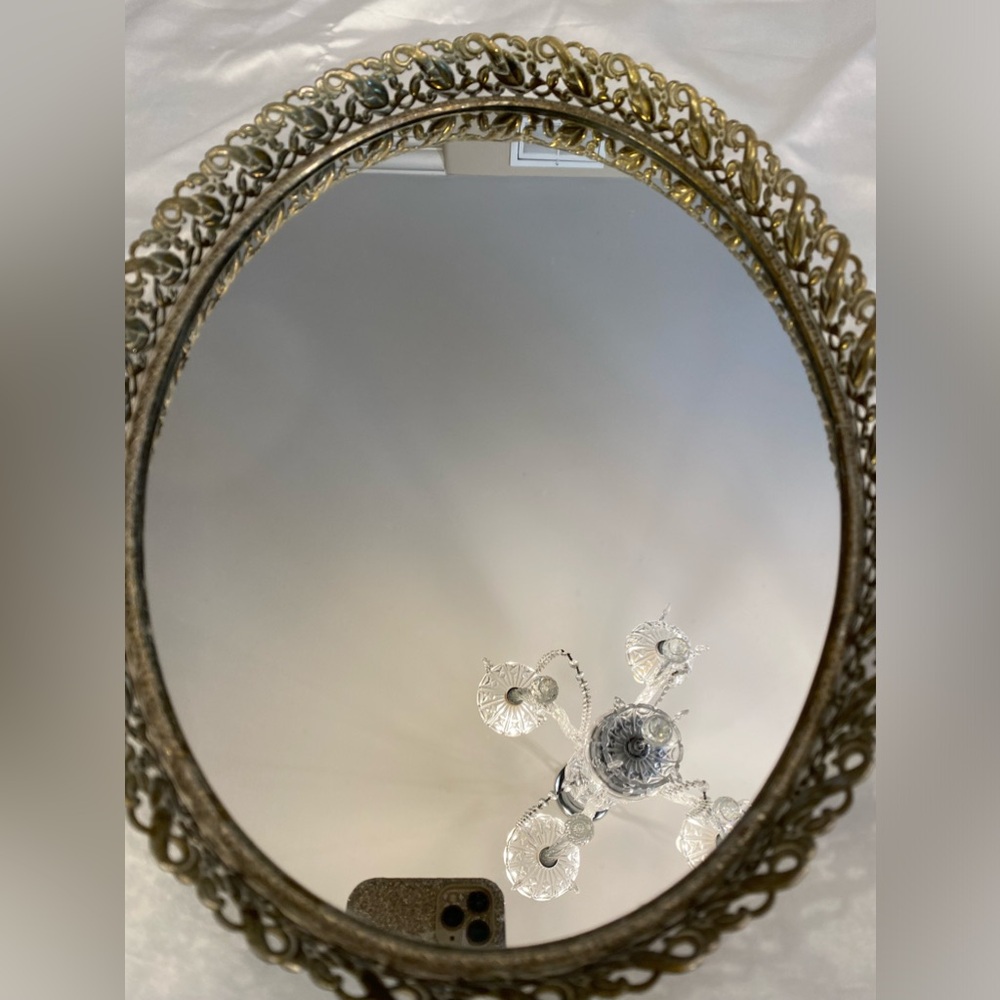 Antique Oval Mirrored Tray with Gold Tone Metal Accent Surrounding Makeup
